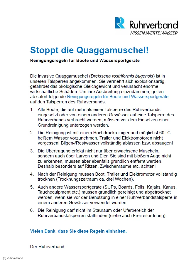 Handblatt Ruhrverband Quaggamuschel